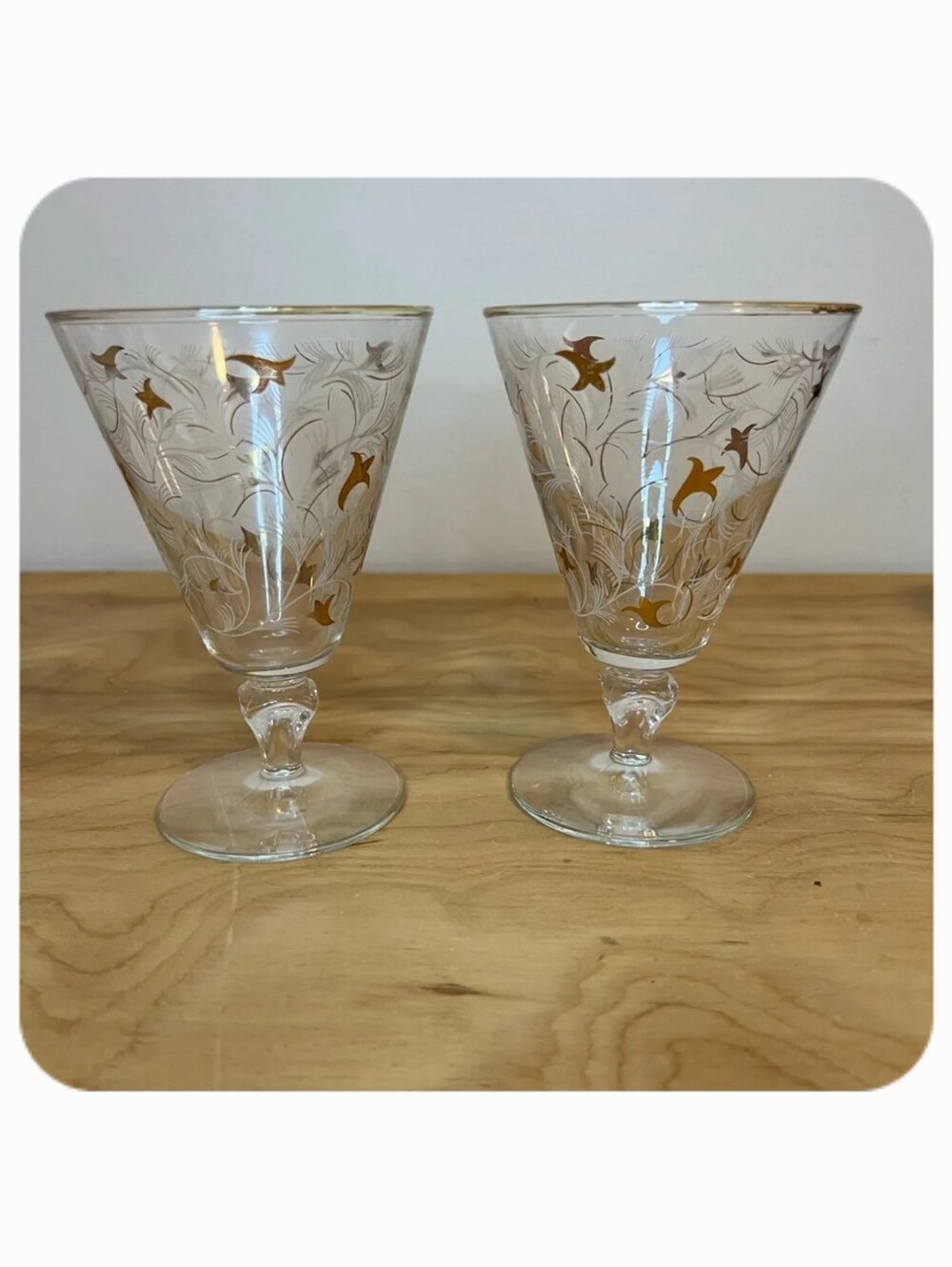 2 Libbey ROYAL FERN Gold Rim, White Gold Floral Sherbet Dessert Glasses